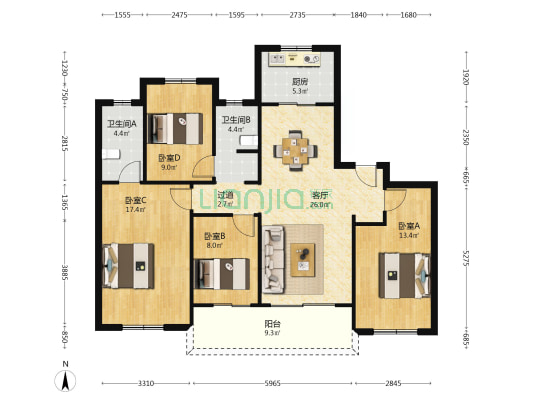 金厦阳光城域 4室1厅2卫 127平方