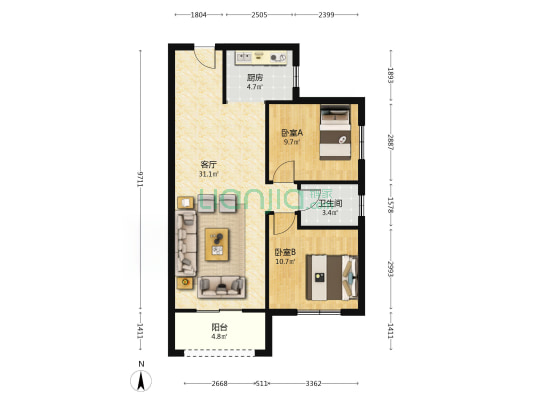 拓丰祥和居2号院 2室1厅1卫 88平方