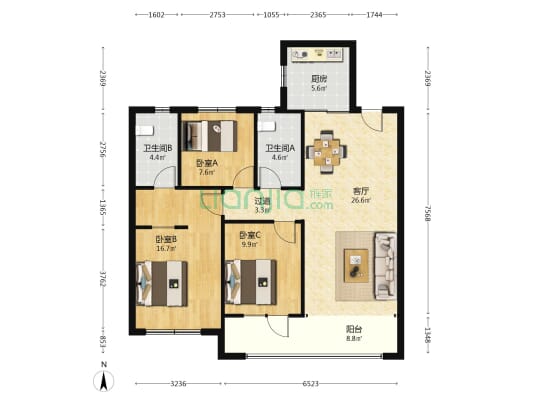 中海寰宇时代 3室1厅2卫 118平方