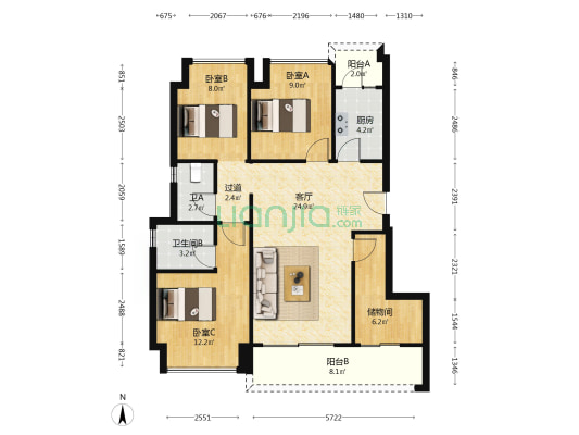 北辰香麓B区 3室1厅2卫 98平方