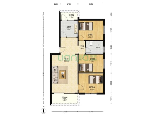 三十六小区 3室1厅1卫 90平方