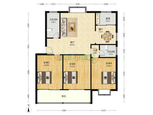 东湖花园 3室2厅2卫 138平方