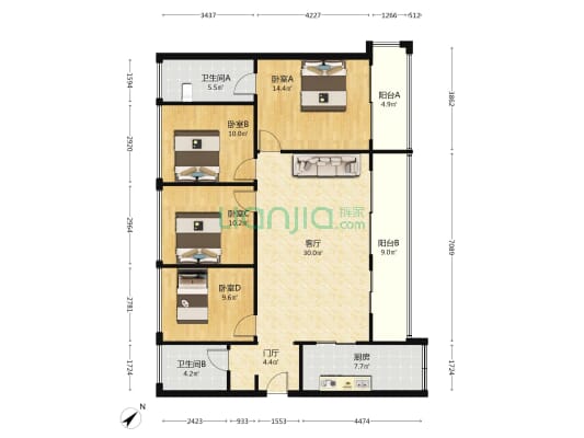嘉富新禧 4室1厅2卫 127平方