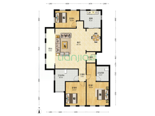 绿城玫瑰墅南区 3室1厅2卫 157平方