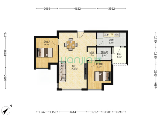 中海春华尚城 2室1厅1卫 71平方
