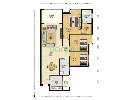 林钦滨河苑 3室1厅2卫 130平方