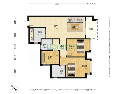景著雅苑 3室1厅2卫 94平方