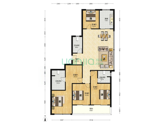 秦望府南一区 4室1厅3卫 186平方