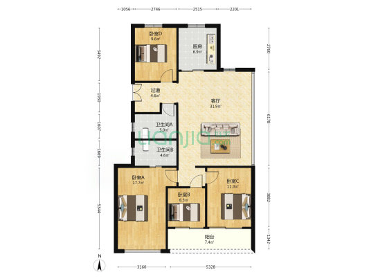 晨语汀澜里 4室1厅2卫 130平方