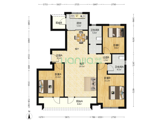 世茂香奈公馆 3室1厅2卫 129平方