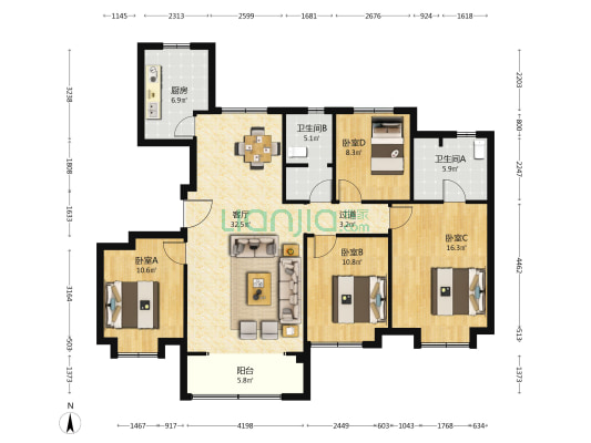 天铂瀞园 4室1厅2卫 138平方