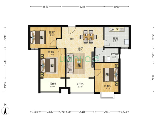 万象湾·优樾 3室1厅1卫 107平方