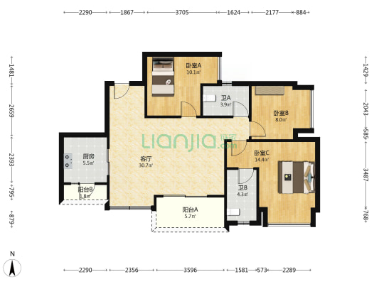 万科金开悦府林悦 3室1厅2卫 100平方