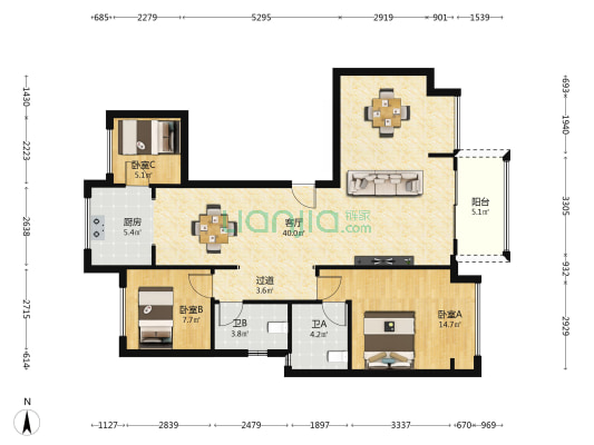 华发四季半岛北区 3室1厅2卫 119平方