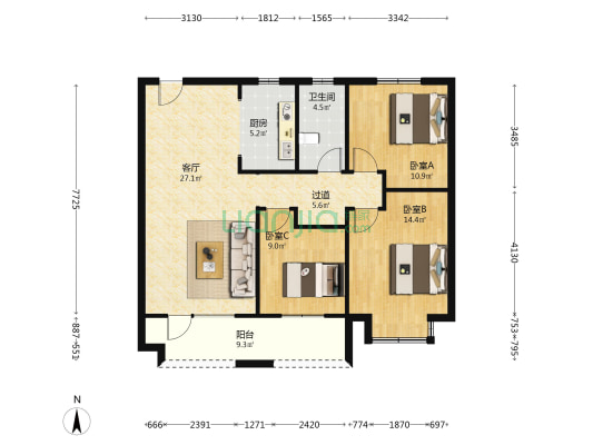 心怡海景苑 3室1厅1卫 114平方