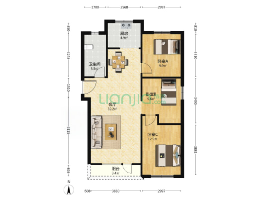 芙蓉苑壹号 3室1厅1卫 118平方