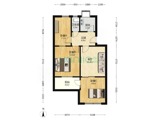文化宫路28号 3室1厅1卫 66平方