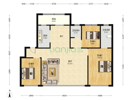 中国铁建花语天宸 3室1厅2卫 130平方