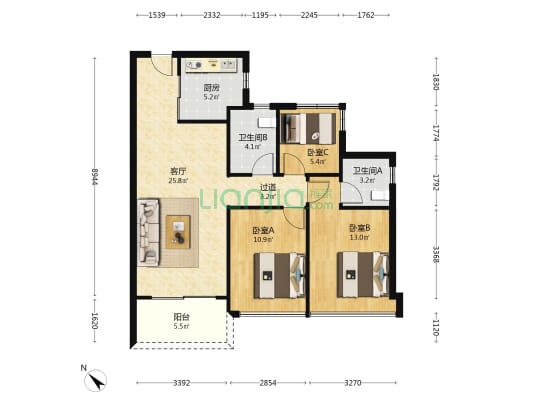 中海汇德理 3室1厅2卫 96平方