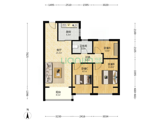 碧桂园时代城泽园 3室1厅1卫 89平方