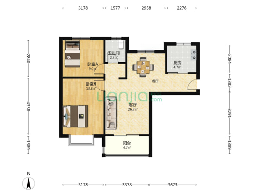 绿都上悦城 2室1厅1卫 88平方