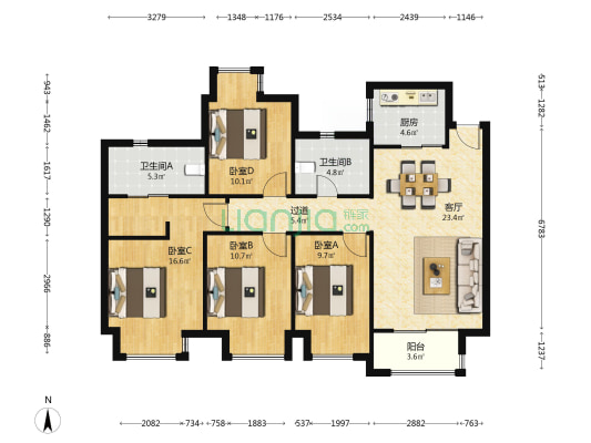 新华联滨江雅苑 4室1厅2卫 141平方