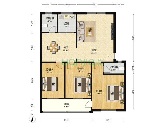 凤华小区 3室2厅2卫 130平方