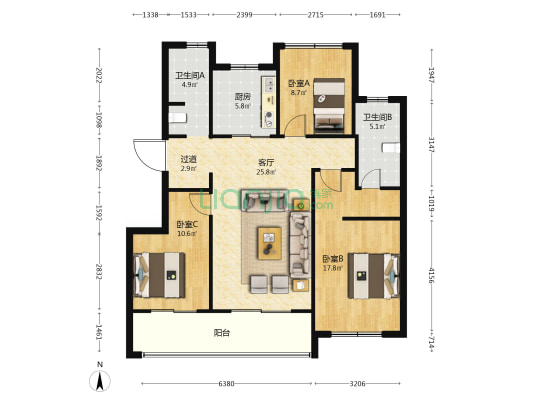 熙上花园 3室1厅2卫 107平方