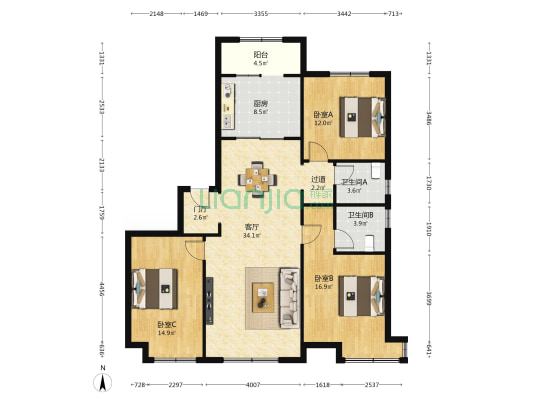 保利天悦悦璟 3室1厅2卫 142平方