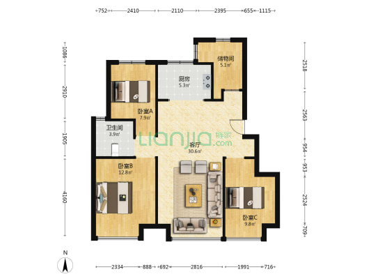 保利西棠和煦 3室1厅1卫 88平方