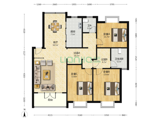 馨悦苑 3室1厅2卫 127平方
