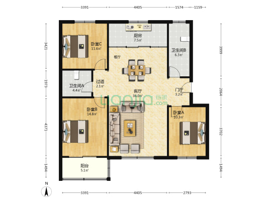 沣水园二号院 3室1厅2卫 123平方