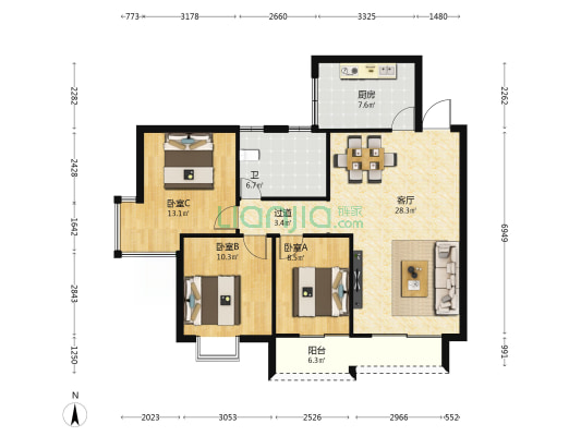 兰天阁 3室1厅1卫 98平方