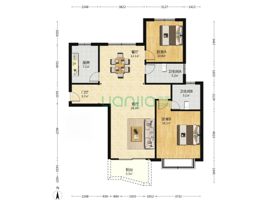 东方花园一区 2室2厅2卫 127平方