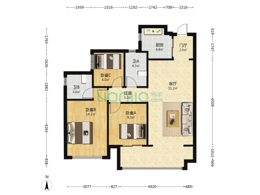 世茂国风滨江 3室1厅2卫 99平方