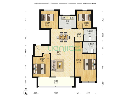 中梁观澜云璟 4室1厅2卫 133平方