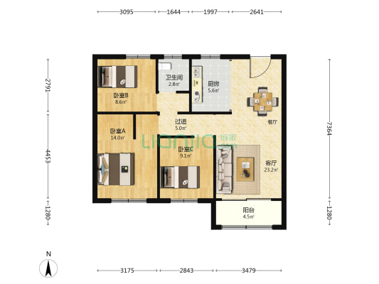 孙家官庄 3室1厅1卫 103平方