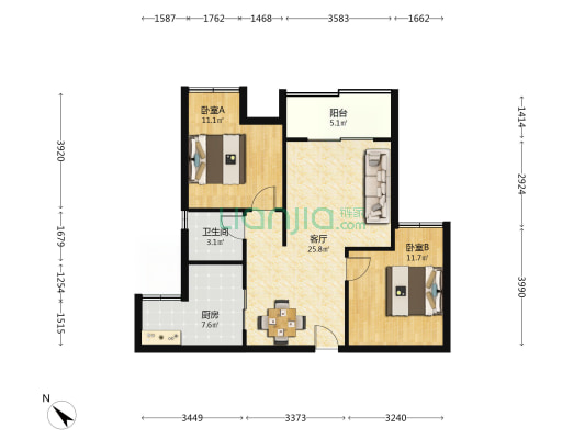 财信中梁华府 2室1厅1卫 80平方