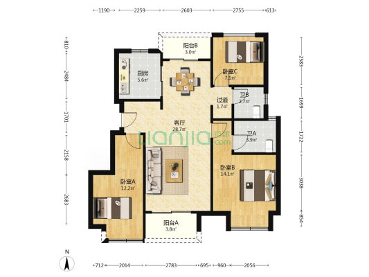 绿城春溪雲庐三期 3室1厅2卫 99平方