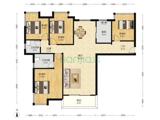 中航鼎尚华庭 4室1厅2卫 135平方