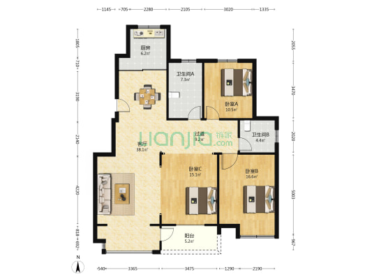 勤星苑北区 3室1厅2卫 136平方