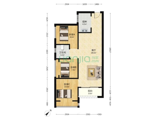景福花园 3室1厅1卫 90平方