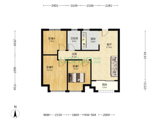 龙湖锦艺城高六组团 3室1厅1卫 87平方