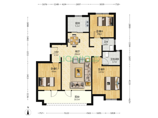 天泰山海印象 3室1厅2卫 118平方