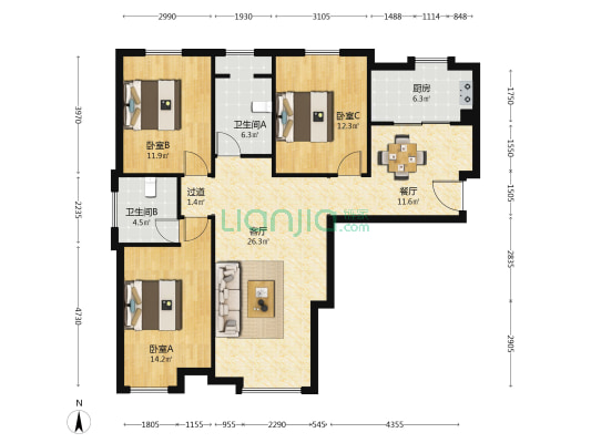 景华苑 3室2厅2卫 110平方