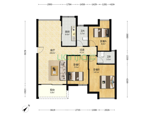 新仕名府 3室1厅2卫 107平方