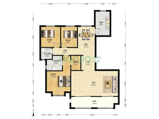 紫薇西棠南区 3室2厅2卫 156平方
