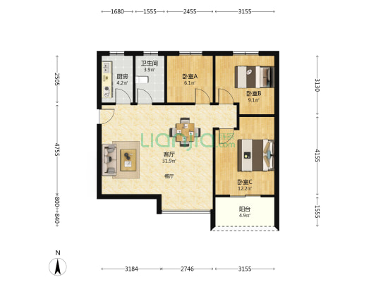 山顶裕祥园 3室1厅1卫 95平方