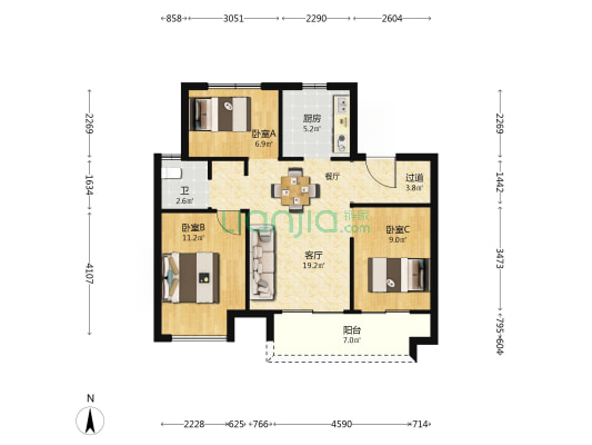 高新·和锦莲序 3室1厅1卫 87平方