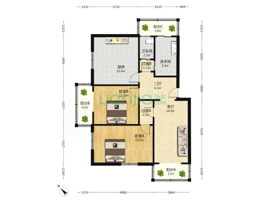 兴安路1-5(单号) 2室1厅2卫 101平方